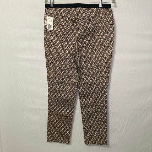Forever 21 Women L Tan Black Diamond Print Pants Side Zip Stretch Trousers - Picture 2 of 6